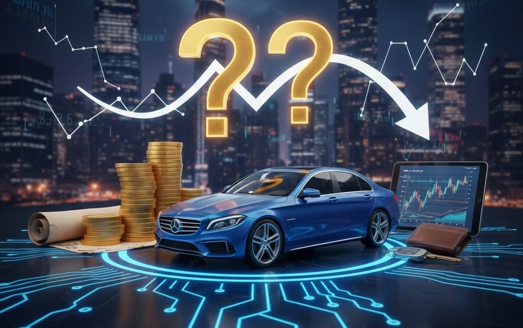 Μπλε αυτοκίνητο σε ψηφιακό περιβάλλον με γραφική αναπαράσταση μείωσης αξίας, χρυσά νομίσματα και tablet που δείχνει την εμπορική αξία για μικτή ασφάλεια αυτοκινήτου.